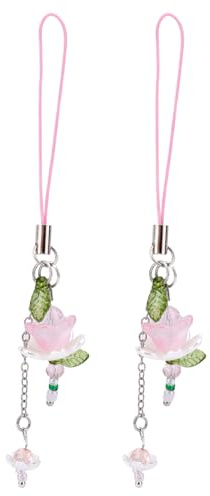 2 St Lotusblomma Mobilrem, Zinklegering Glas Pärlblomma Telefonberlock Estetiska Eleganta Nyckelringsberlocker för Kvinnor Väska Plånbok (Rosa)