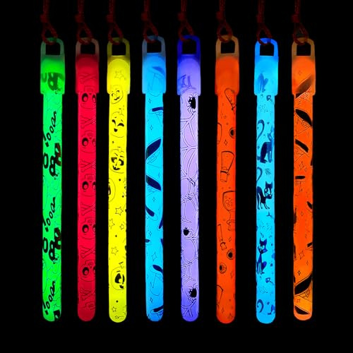 8 Pezzi Bastoncini Luminosi Fluorescenti Halloween, Luminoso Bacchette da Appendere in 8 Diversi Modelli e 6 Colori, Halloween Feste Gadget per Bomboniere Bambini, Riempitrici per Sacchetti