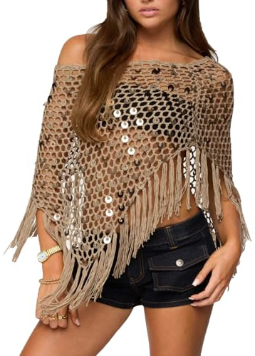 RUINIXCW Y2K Women's Off Shoulder Knit Cover Ups Batwing Sleeves Fringe Trim Hollow Out Pullover Tops Sexy Streetwear Poncho (B-Brown, One Size)