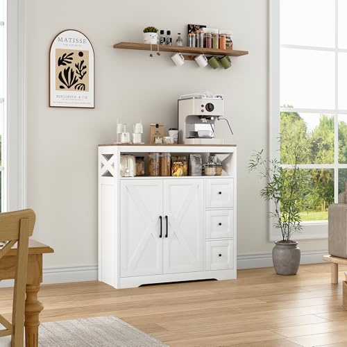 Aneutr Küchenschrank, Sideboard mit 2 Türen, 3 Schubladen und Offenem Regal, Kommode, Buffetschrank, Wohnzimmerschrank, Barschrank, Anrichte für Wohnzimmer, Esszimmer, Küche (Weiß, 100 x 105 x 40cm)