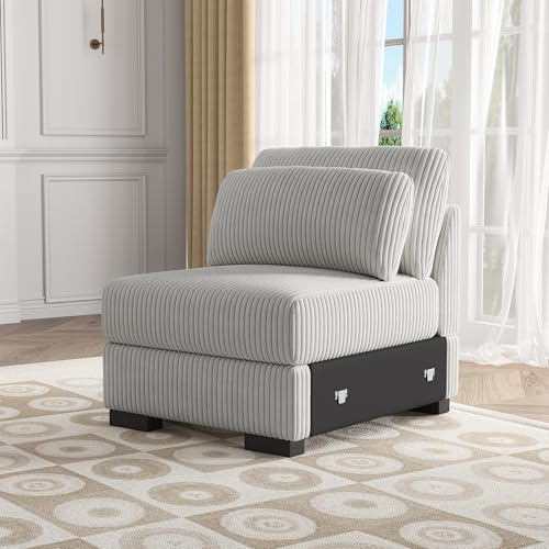 SUNFECILI Corduroy Soffa 1-sits, modulär soffa med ryggstöd, 1-sits vadderad relaxsoffa, för vardagsrum, hem, kontor (grå, enkelsoffa)