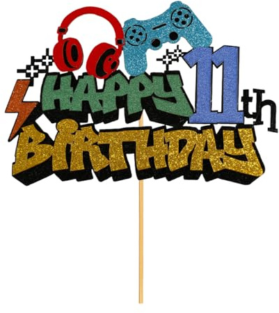 Lotsdonxia Video Game Cake Topper - Happy Birthday Glitter On Controller Design for Boys Party Supplies, Parper Decoration Picks for Gamer Theme Celebrations (11th)