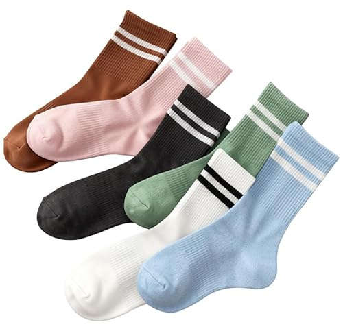 Women’s Retro Double Stripe Crew Socks – Soft Polyester Casual Mid-Calf 6 Pairs Pack, Size 5-10 White Black