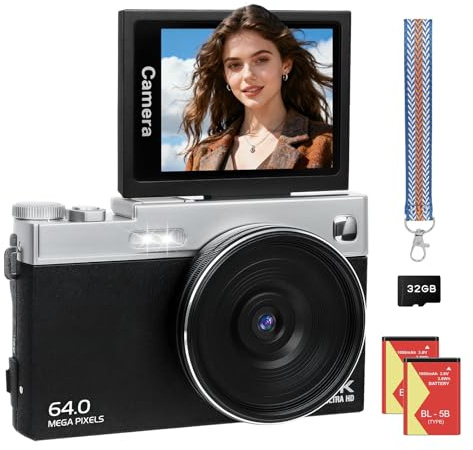 Appareil Photo Numérique 4K Digital - 64MP Appareils Numérique Vintage avec Écran Rabattable 180° avec Autofocus - Camera pour Vlog avec Carte 32GB - pour Adolescents Débutants Adultes Enfant