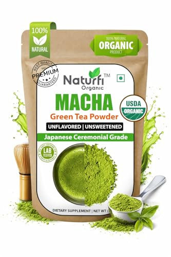 Naturfi Organic Matcha Powder - Ceremonial Grade & 100% Pure - 100 Grams - Smooth Taste & Vibrant Green - Macha for Straight Tea, Lattes, Baking - Certified Organic - Japanese Stone Ground Method
