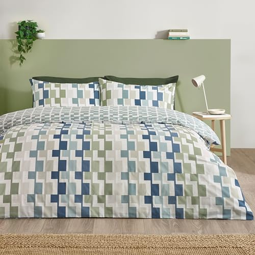 Catherine Lansfield Bryson Geo - Set copripiumino matrimoniale reversibile con federe, colore: blu