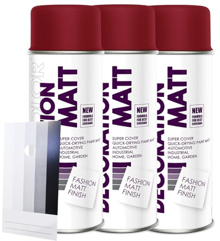 Craft-Equip DC 3 Stück Lackspray Matt nach RAL in 400ml zur Lackierung von Auto Stahl Aluminium Beton Holz und Spritzmusterkarte (3 Dosen in weinrot MATT RAL 3005 + Karte)