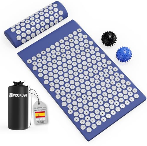 Set de Acupresión - Esterilla,Eco - Con Cojín,Bolas de Masaje y Bolsa - Almohada,Tapete de Masaje con Puntas para Alivio del Dolor,Relajación y masaje en la espalda,la cervical,los piernas (Azul)