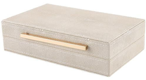 CREATCABIN Dekorative Aufbewahrungsboxen Elfenbeinfarbenem Chagrinleder Für Erinnerungsstücke Kleine Aufbewahrungsboxen Aus Kunstleder Mit Goldfarbenen Metallgriffen Schmuckkästchen Holz 25x15.6x6.6cm