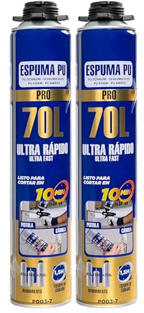Espuma de Poliuretano 70L 750ml con Cánula – Espuma Expansiva Ultra Rápida para Sellado de Grietas y Huecos – Aislamiento Térmico y Acústico – Espuma para Construcción, Puertas y Ventanas x2 Unidades