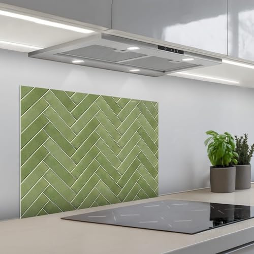 KitchenYeah© Rückwand Küche Rückwandschutz Selbstklebend Spritzschutz | 70x50 cm - Küchenrückwand Küchenfront Küchen Selbstklebende Küchenrückwände Fischgrätmuster - Fliesen - Olivgrün