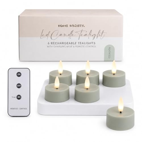 Alluvo Lot de 6 bougies chauffe-plat LED vertes avec station de charge, bougies LED rechargeables avec télécommande et minuterie, bougies chauffe-plat sans fil avec base de charge USB-C, bougies
