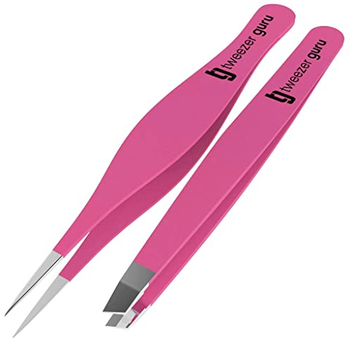 Tweezer Guru Ingrown Hair Tweezers - Pointed Precision Tweezers for Eyebrows & Ingrown Hair Removal - Blackhead and Splinter Tweezer with Sharp Needle Nose Point (2 Piece Set, Pink (Point+Slant))