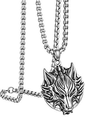 Flongo Collier Acier INOX Pendentif Tête de Loup Symbole Liberté Nature Sauvage Charme Collier Punk Rock Vintage pour Homme Motard Fantastie Cadeaux Anniversaire
