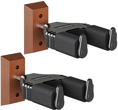 Ueteto Guitar Wall Mount Hanger, Hard Wood Base Guitar Hook Auto Locking for Acoustic, Classical, Electric, Bass Guitars, Ukuleles， 2 Pack.