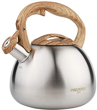 Poliviar Wasserkessel Induktion Edelstahl, Silber, 2.7L | Pfeifkessel, Für alle Kochplatten, Flötenkessel mit Holzmasergriff, Für Tee & Kaffee