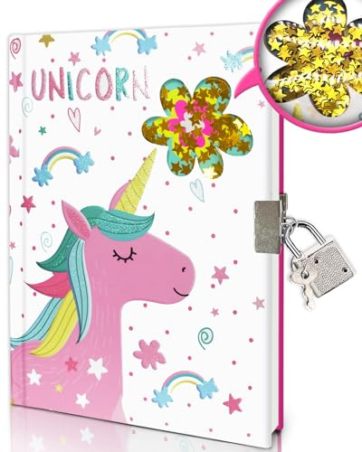 Enhörning Hemlig Dagbok med Lås för Flickor, Skakbara Glitter Anteckningsbok 7x5.2 Inch Flickdagbok Barndagbok Gåvor för Flickor