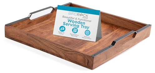 BIRDROCK HOME Wooden Serving Tray with Handles - Farmhouse Decor - Square Top Breakfast Trays - Tea Cheese Board - Coffee Table - Natural Acacia Wood - Kitchen - Bar