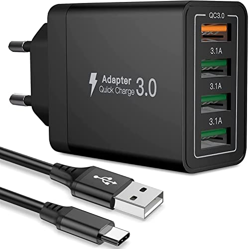 ANNCAY Cargador USB Quick Charge 3.0 con Cable de Carga USB Tipo C, 33W QC 3.0 con Fuente de alimentación USB de 4 Puertos para Samsung Galaxy S21/S20/iPhone 12/13/Huawei/Xiaomi, etc