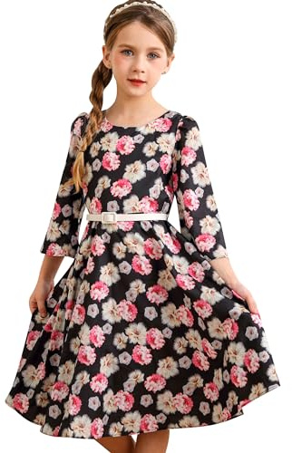 BONNY BILLY Vestido Niña Fiesta Boda Ceremonia Estampado Floral Vintage Invierno Manga Larga con Cinturón 11-12 Años Negro-5
