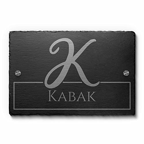 Graviertes Namensschild aus Schiefer – Schiefertafel mit Gravur als Türschild Haustür – Monogramm Schild Namen - Haustürschild Hausschilder Familie - Willkommensschild Familienschild personalisiert