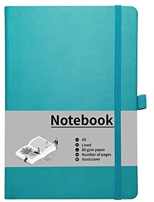 Mlife A5 Journal Notizbuch, 192 Seiten, Hardcover mit elastischem Verschlussband und Falttasche(Türkis)