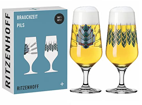 Ritzenhoff 6201001 Vaso de cerveza 374 ml Juego de 2 Serie Brauchzeit con ilustraciones, multicolor Fabricado en Alemania