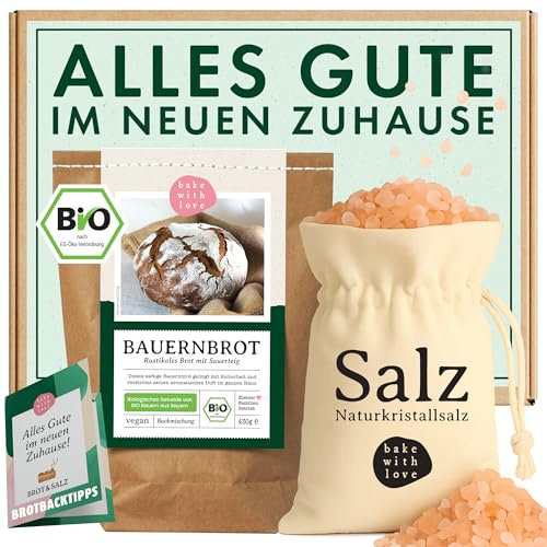 Brot und Salz Geschenk zum Einzug – Einzugsgeschenk und Einweihungsgeschenk für Wohnung & Haus – Geschenkset für Umzug & Richtfest mit Bio Brotbackmischung – Bake with Love