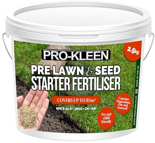 Pro-Kleen Pre Lawn & Seed Starter Fertiliser - Phosphorus Rich with Nitrogen, Potassium & Magnesium (NPK 8-12-8 + 3MgO) with added Zinc & Seaweed - Non-Toxic & Non-Staining - Covers up to 83m2 (2.5kg)