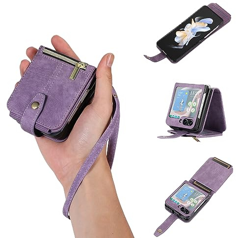 UEEBAI Handykette Hülle für Samsung Galaxy Z Flip 5 5G, 3 Kartenfäche Retro Leder Geldbörs Flip Case mit Umhängegurt Handschlaufe Standfunktion Wallet Reißverschluss Handyhülle – Lila