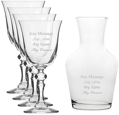 Lot de 4 verres à vin en cristal de jasmin gravés et carafe à vin de 500 ml, personnalisables avec n'importe quel message pour toute occasion, stylisez à partir d'une variété de polices, boîtes