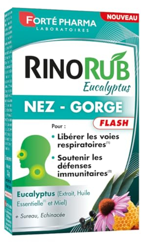 Forté Pharma - RinoRub comprimés Nez-Gorge| Complément alimentaire Gorge et Nez - Maux de gorge, Nez bouché | Huile essentielle d'Eucalyptus, Vitamine C, Plantain, Vitamine D | 15 comprimés
