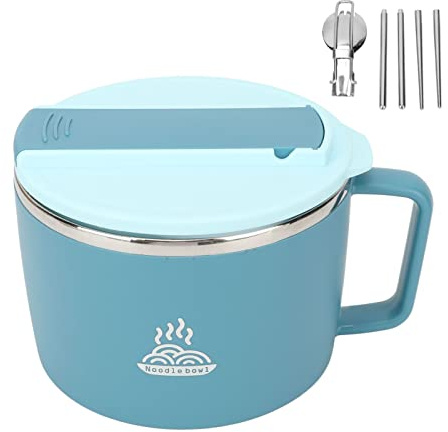 Rostfreier Stahl Ramen Bowl Schüssel, 1200 Ml Ramenschüssel Ramen-Kocher Mit Griffen, Nudelschüsseln Mit Deckel Und Essstäbchen, Nudelkocher-Schüssel-Set, Große Suppenschüssel, Spülmaschinenfest(Blau)