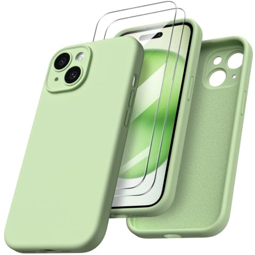 ORNARTO für iPhone 15 Hülle mit 2 Schutzfolien, Hellgrün | Kamerashutz, Premium Flüssigsilikon, dünne Handyhülle, weich, griffig, tolle Haptik, stoß- und kratzfest, große Farbauswahl