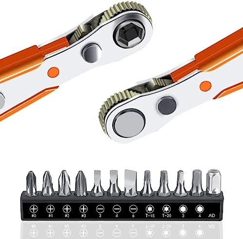 Loofu Magnetic Screwdriver Set 12PCS, 4.5 Inch 1/4 Mini Ratchet Wrench,12PCS Screwdriver Bits with 1/4-Inch Drive High Torque Offset Reversible Mini Ratcheting Offset Screwdriver