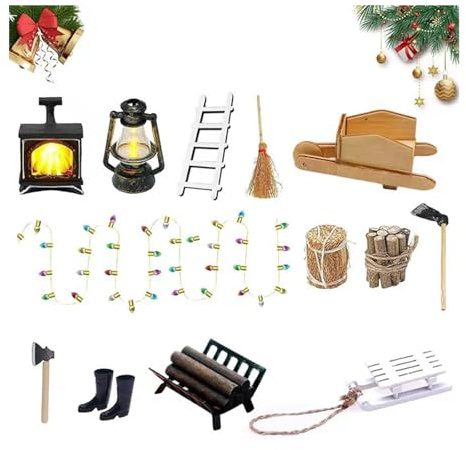 songyea Kit d'accessoires miniatures maison poupée - Accessoires lutin - Meubles Noël - Cheminée incandescente - Lampe à pétrole - Bottes foin - Bottes en caoutchouc - Chariot - Balai - Bois Petit