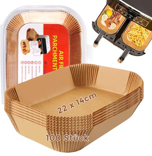 CHENYIYI Backpapier für Heißluftfritteuse Rechteckig, 100 Stück 22x14 cm Airfryer Backpapier Antihaft Wasserdicht Ölfest Einweg Luftfritteuse Pergamentpapier Heißluftfritteuse Zubehör für Ofen