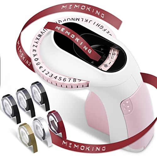Memoking Beschriftungsgerät - 3D Prägegerät E975 mit 6 Rollen Prägegerät Etiketten, Handgerät Etikettiergerät mit Prägung, Tragbare Beschriftungsgerät Prägegerät für Organisation, DIY (£/€, Ä, Ö, Ü)