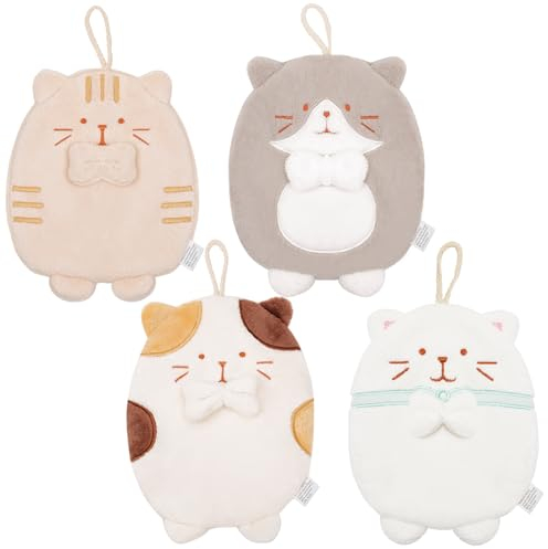 PRATIQUE Niedliche Katzen-Handtücher, Badetücher mit Aufhängeschlaufe, Kinder-Handtuch Tiere, Mikrofaser, Korallen-Fleece, saugfähiges Handtuch für Küche, Badezimmer, Schlafzimmer (4 Katzen)