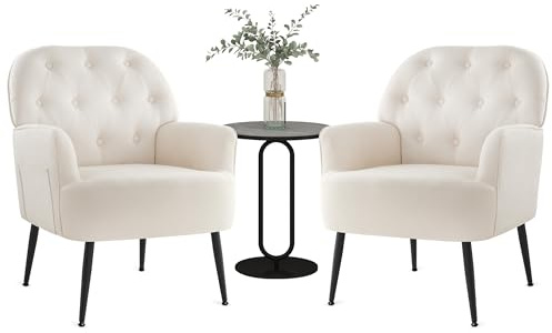IWMH Armchair for Living Room, Linen Fabric Accent Chair for Bedroom, Occasional Tub Chairs Reading Chair Comfy Big Mid Century, Metal Legs (Beige*2)