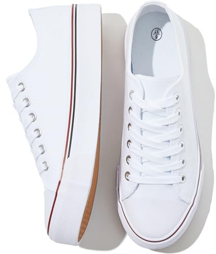 FRACORA Womens White Black Canvas Sneakers Low Top Canvas Shoes for Women Tennis Shoes(White,US6.5)