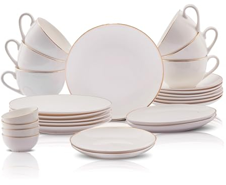 Karaca Marcelo Gold - Juego de desayuno para 6 personas, juego de vajilla de 26 piezas con platos y cuencos, hueso de nueva generación, juego de vajilla redonda y vajilla de oro blanco