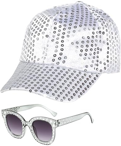 EUPSIIU 2 Piezas Accesorios de Discoteca de los 70 Disfraz,Sombrero de Discoteca Plateado para Accesorios de Discoteca de los 70 con Sombrero de Lentejuelas Gafas de Sol (2 Piezas)