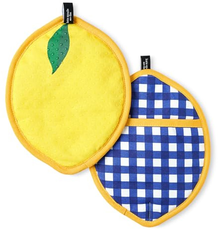 kate spade new york Lemon Party and Spring Gingham Pot Holder 2-Pack Set, Heat Resistant, 100% Cotton, Navy Blue/Yellow, 7x10