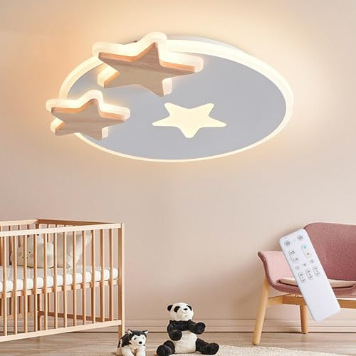 YUEEU Kinderzimmer Lampe Decke 44CM Dimmbar LED Deckenleuchte Babyzimmer | Holz Deckenlampe für Kinder Schlafzimmer Kinderlampe Stern Kinderzimmelampe mit Fernbedienung 3000K-6000K mit Nachtlicht