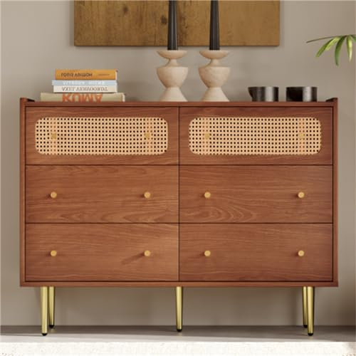 Ntxplora Commode De Style Vintage Buffet 6 Tiroirs en Rotin Noyer Convient Aux Chambres Et Aux Salons Meuble De Rangement H90/b120/t40 Cm