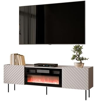 Mirjan24 TV-Lowboard Likade 180 2D mit Elektrischem Kamin mit Heizung, Realistische LED-Flamme, 2 Türen, gefräster Front, Ohne Griffe, Metallfüße, Fernsehschrank (Cashmere)