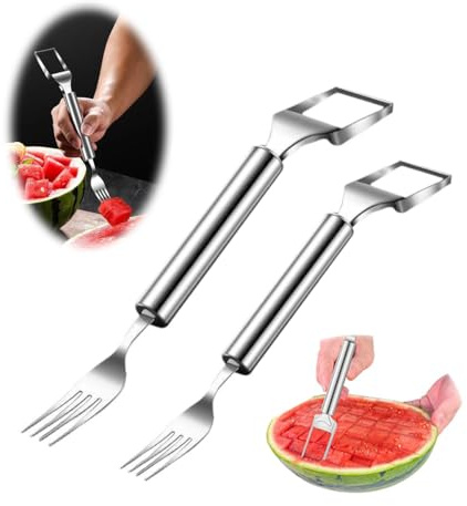 Garegce Watermelon Slicer Fork Melon Slicer, 2-in-1 Stainless Steel Dual Head Melon Cutter Slicers Tool, Fruit Watermelon Cutter for Home Kitchen Parties Camping Picnic-Silver(2PCS)
