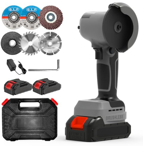 ZFULVO Brushless Cordless Angle Grinder Kit, 28000rpm Mini Electric Angle Grinding Tool with 2x21V 2000mAh Battery and 6-Cutting Discs, Grinder Handheld Cutter for Metal Wood