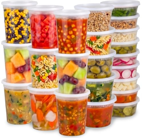 JoyServe 24 Sets Deli Containers with Lids – 8oz, 16oz & 32oz – Leak Proof, Microwaveable, Dishwasher & Freezer Safe – Plastic Food Storage & Soup Containers